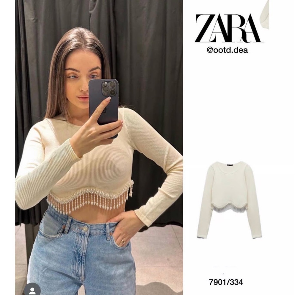 ZARA Cream Pearl Fringe Hem Top
